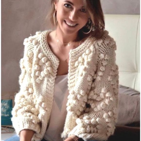 Chicwish Sweaters - CHICWISH Handmade Chunky Cream Popcorn Hearts Cardigan LS Cozy Soft Sweater